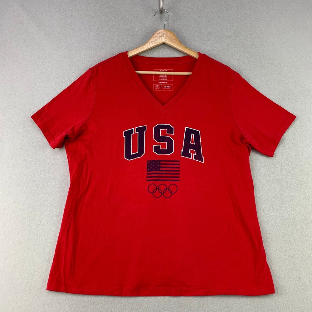 USA Olympics T-Shirt Womens XL V-Neck Graphic Teeโ Cotton Athletic Comfort